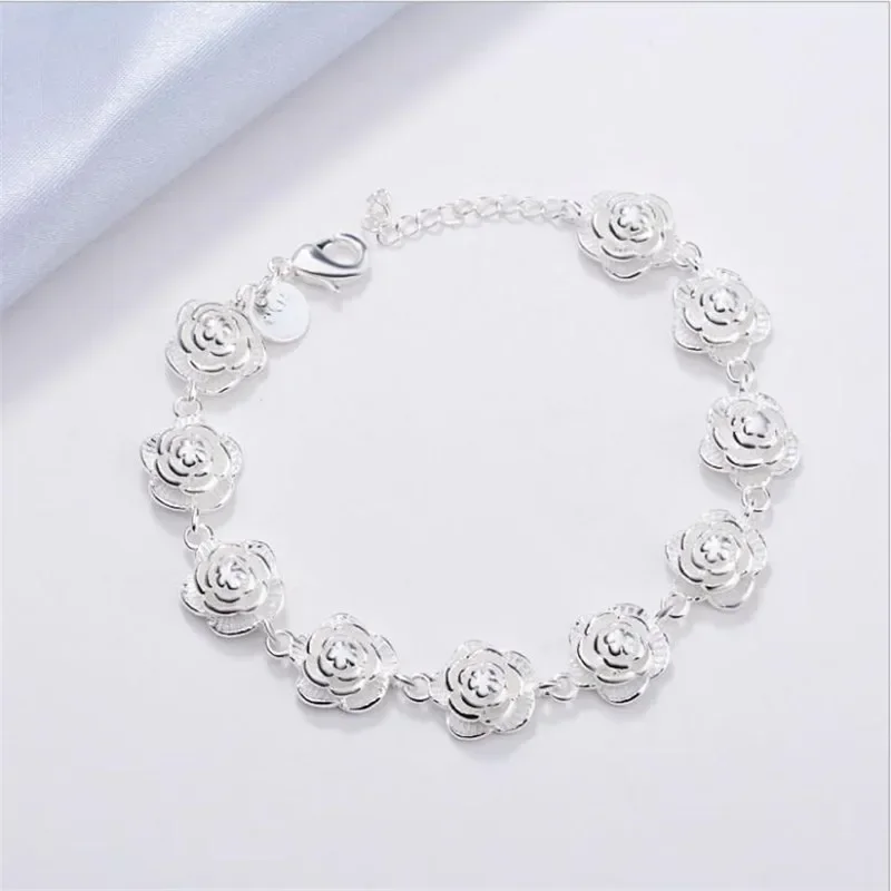 New 925 Sterling Silver Full Rose Flower Chain Bracelet for Women Fashion Pretty Wedding Party Holiday Gift Fine Luxury Jewelry