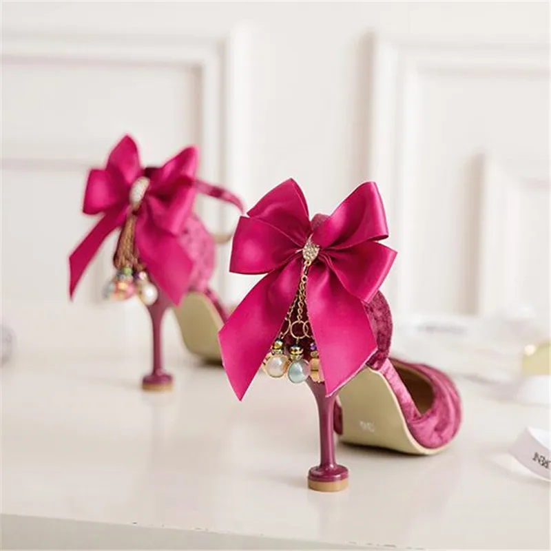 Princess Shoes For Girl Child Bowknot High Heel Shoes Kids Pearl Party Shoe