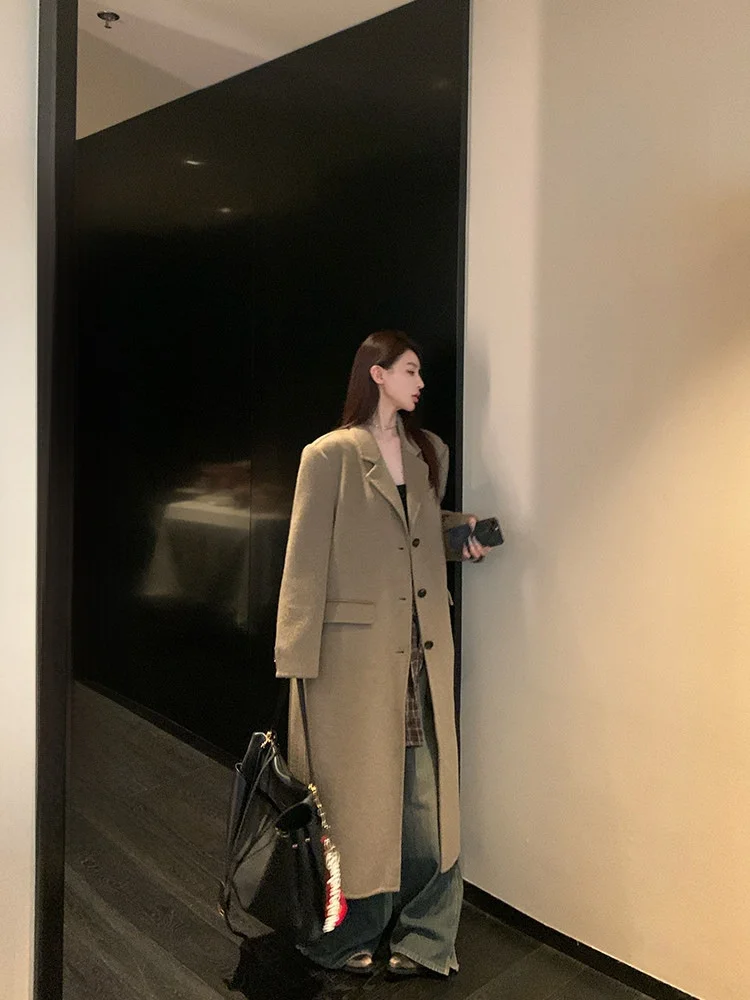 

Double-Faced Woolen Coat Mis Evening Autumn Winter Alpaca Woolen Jaet Ele Simple Sle Long Sve Pure Color Coat