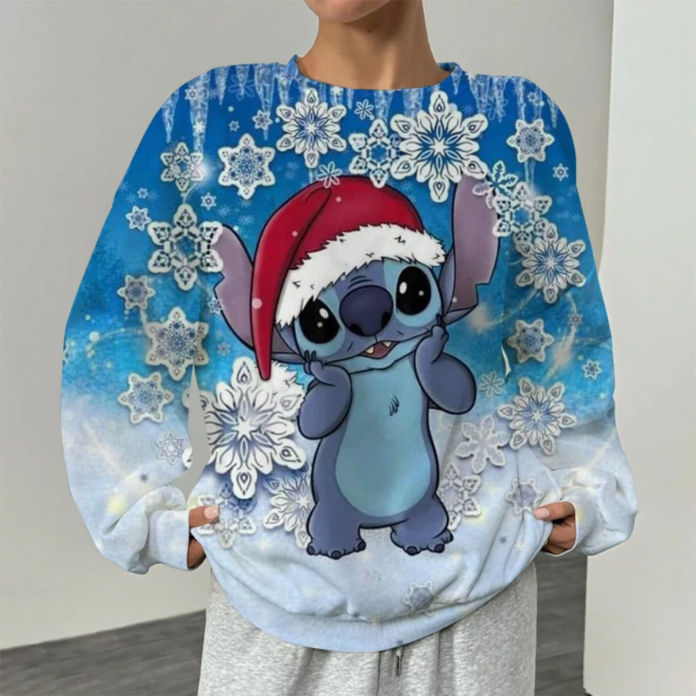 

New Merry Christmas Disney Stitch and Mickey Minnie Fall Harajuku Crew Neck Casual Women's/Men's Long Sleeve Sweatshirt Top Y2K