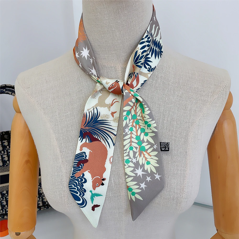 New Fashion All-match Korean Version Mayan Jungle Animals silk scarf Twill Long Strip Small Scarf Tie Bind a bag Ribbon Streamer