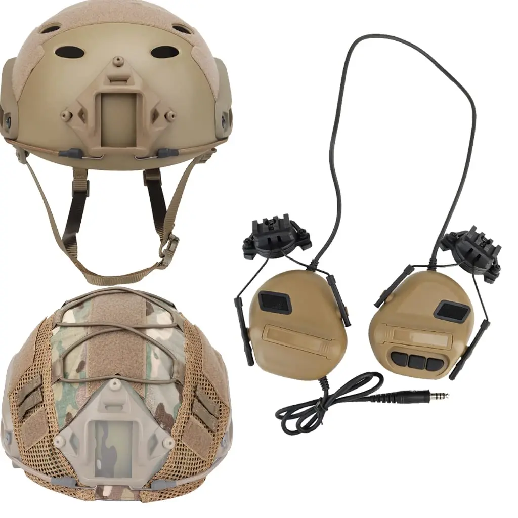 Tactical Airsoft Helmet Set, with Side Rails Military Headset & Camouflage Helmet Cover Paintball Combat Hunting Protective Gear