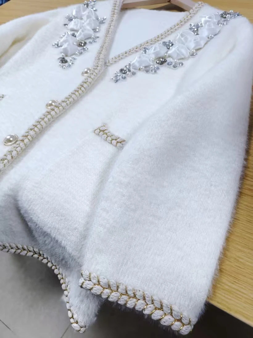 Real Photo 3D Flower Diamonds Stitch Knitwear Cardigan Coat For Women Thick Warm Winter Sweater Outwear Knitted Jacket