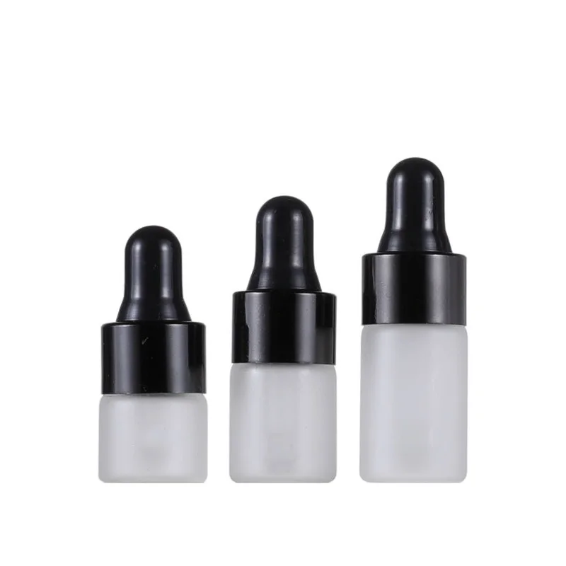 Frascos de muestra pequeños, gotero superior de goma de 1ML, 2ML, 3ML, 5ML, anillo negro, viales de vidrio de escarcha superior rellenables para cosméticos, 100 piezas