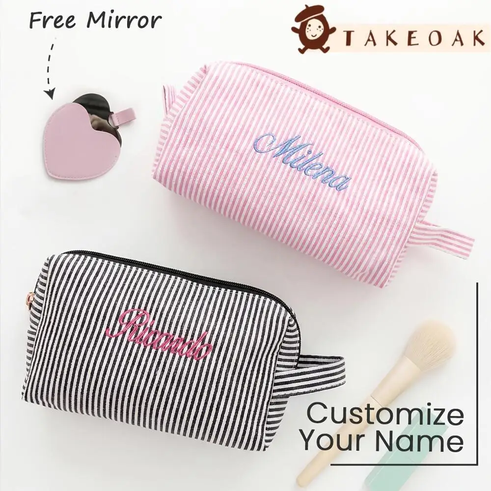2Pcs Personalized Name Embroidered Striped Makeup Bag with Heart Shape Mirror Custom Name Cosmetic Toiletry Pouch Toiletry Bag