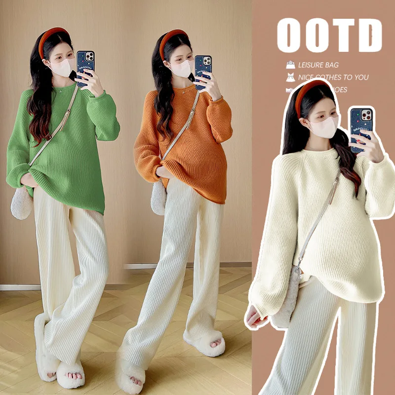 2024 New Maternity Sweater +Pants Clothes Set Autumn Winter Fashionable Loose Top Straight-leg Pants Prenatal and Postnatal Wear