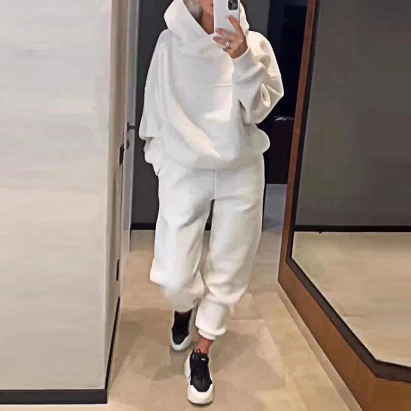 Sportwear 2024 Hooded Long Sleeve Sweatshirt Tops&Pockets Pant Outfit Winter Autumn Thickness Two Piece Women Solid Tracksuit