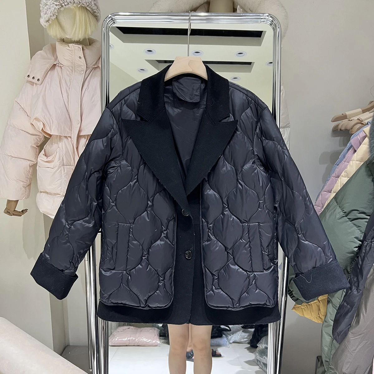 2024 Fashion Patchwork Down blazer donna inverno colletto rovesciato allentato caldo leggero elegante ufficio signora Outwear cappotti top