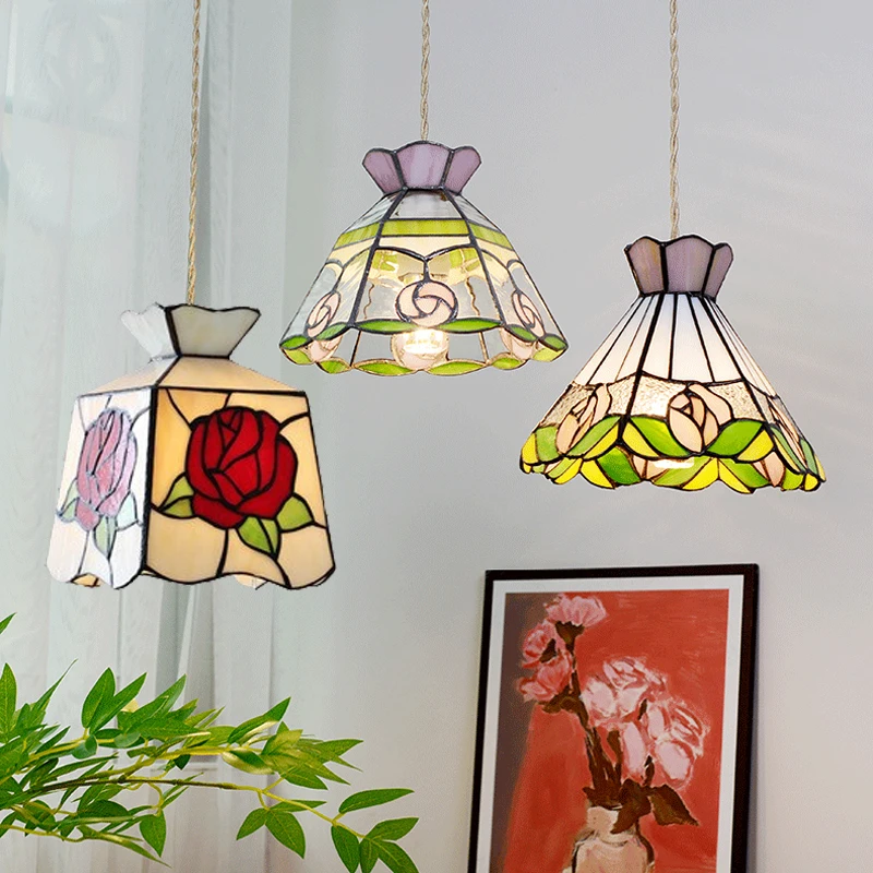 Europe France Style LED Pendant Light Fixture Tiffany Color Copper Glass Lampshade Vintage Edison Bulb Hanging Lamp Home Indoor