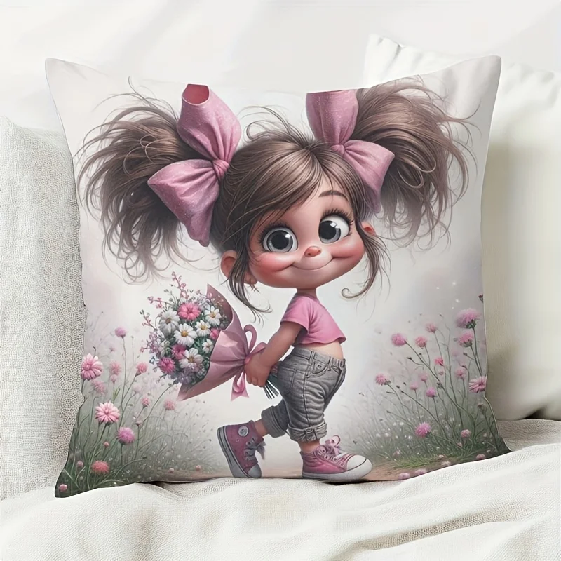Cute Girl with Pink Bows Pillow Case, Holding Flowers Cartoon Cushion Cover, Kids Room Nursery Home Decor Throw Pillowcase