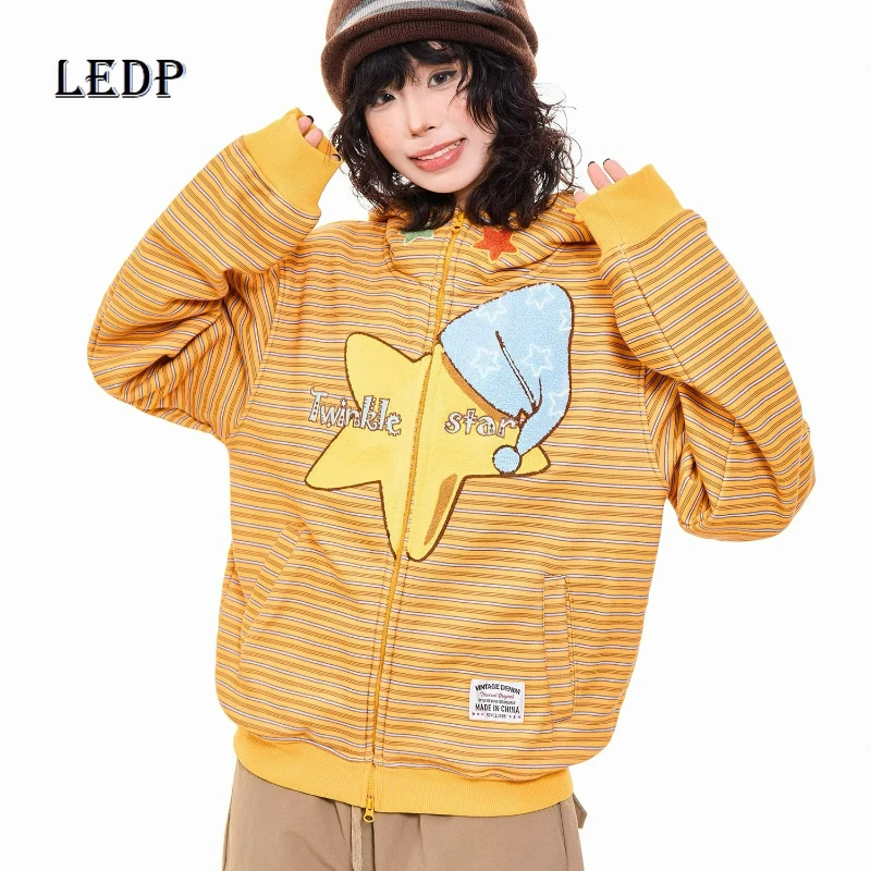 

American Retro Design Yellow Star Striped Hooded Fleece Women's Sweater 2025 Winter Loose Versatile Short Hoodie Jackets Ladies