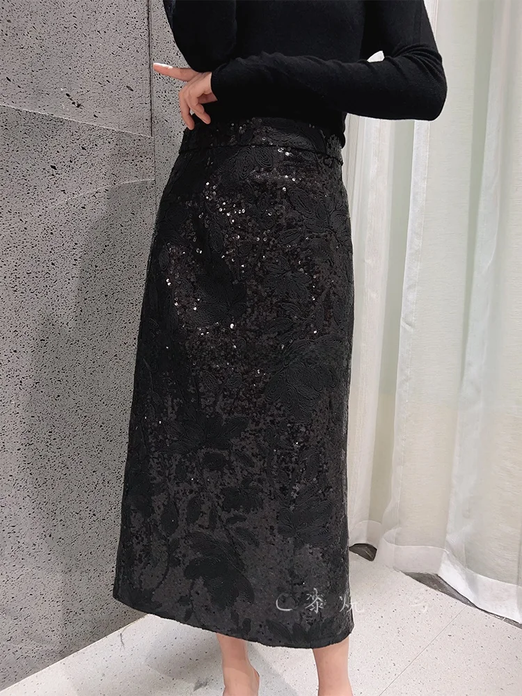 

3D Embroidery Sequin f Skirt Slimming Fi Tail Versatile Bla Women's High Waist A-Line Skirt Commute Ready Pure Color