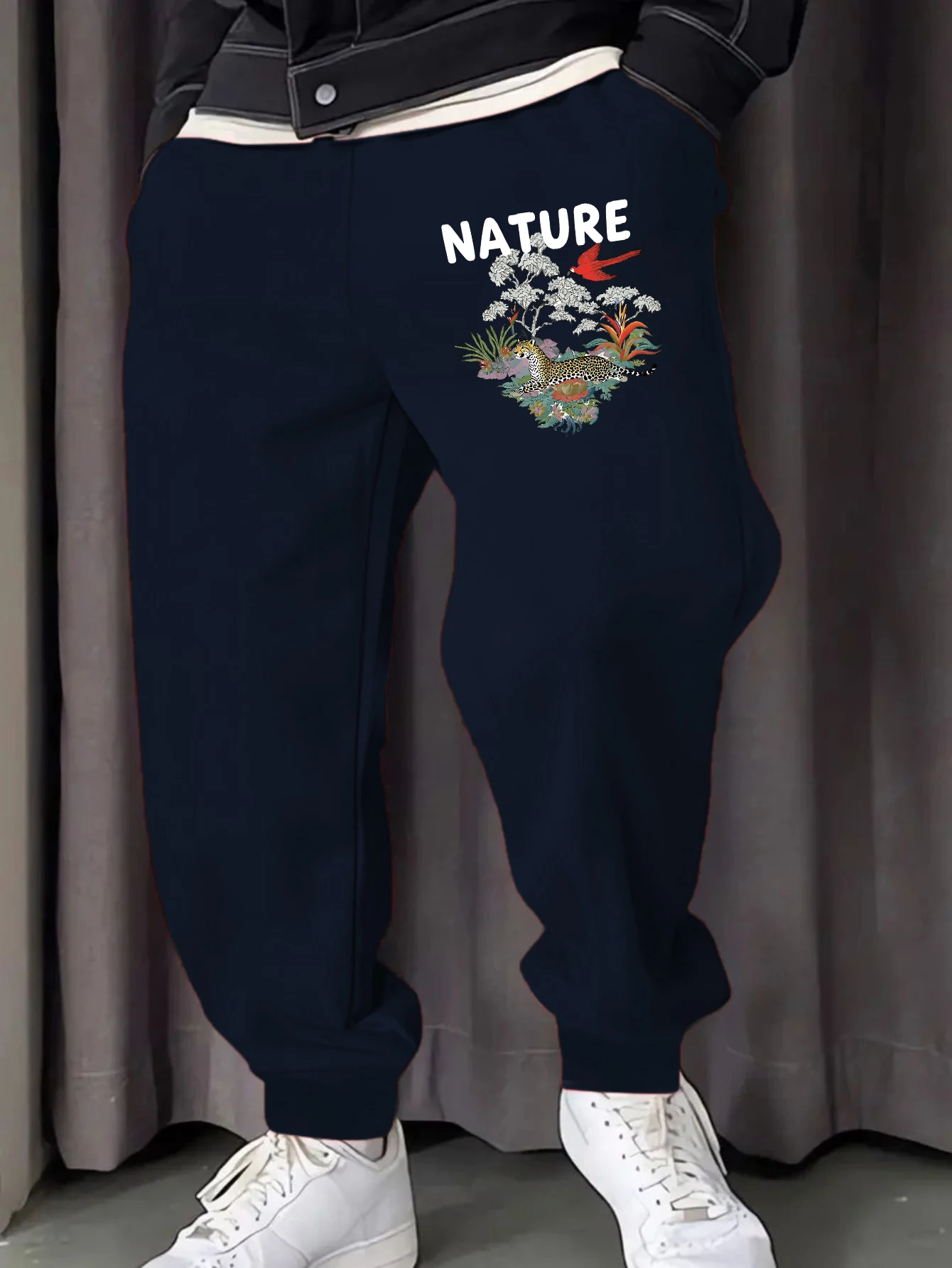 Pantaloni da jogging da uomo stampati con pappagallo ghepardo naturale Pantaloni sportivi autunnali alla moda Pantaloni in pile tascabili Pantaloni sportivi da uomo morbidi da strada