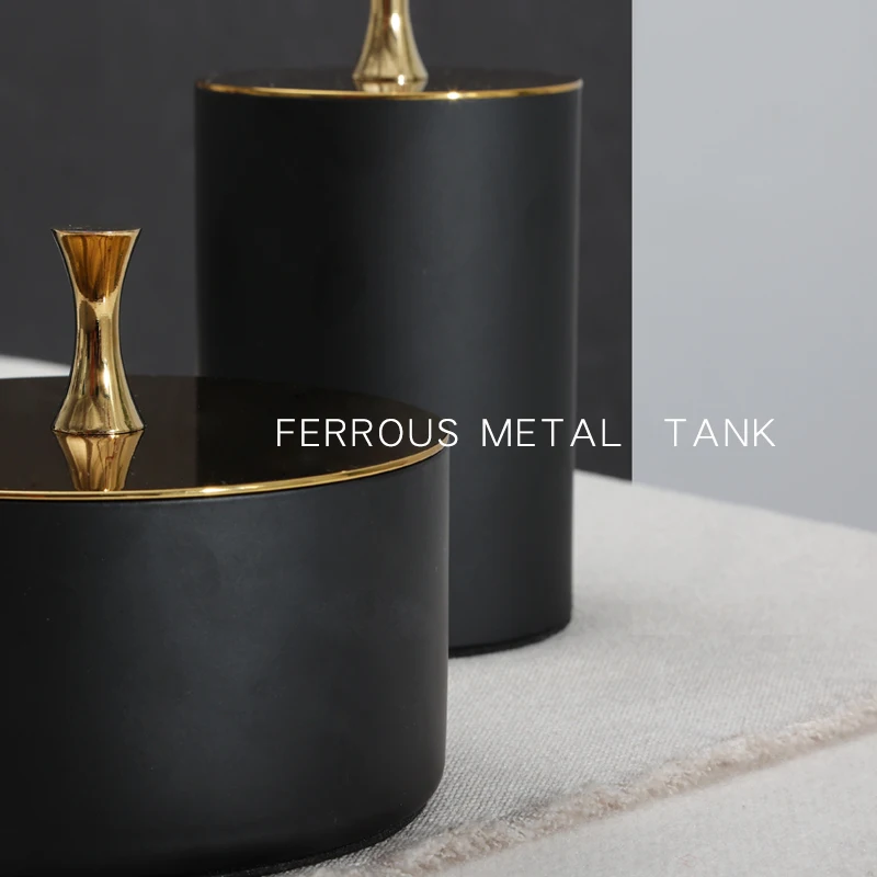 Modern Light Luxury Black Gold Alloy Storage Tank with Lid Storage Box Living Room Coffee Table Desktop Home Decorations