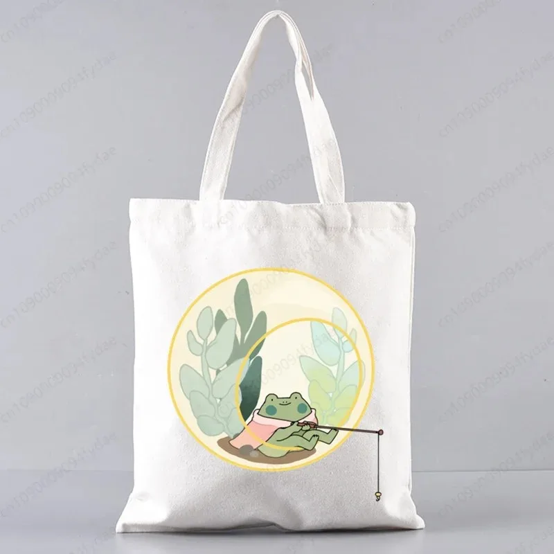 

Сумка-шоппер из холста с забавным милым изображением лягушки-волшебника и очаровательных растений, повседневная, многоразовая, для любителей природы и фэнтези