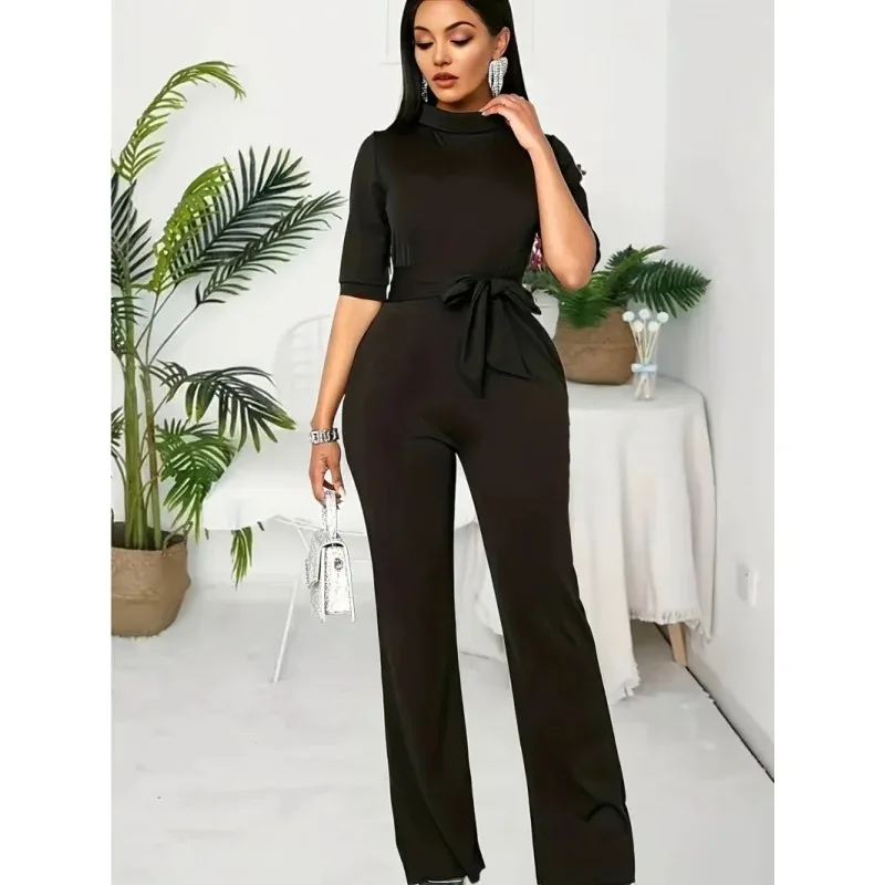 

New Hot-Selling Elegant Solid Color Flare Short Sleeve Waist Tie Wide Leg Pants Romper Women Jumpsuits Summer Streetwear