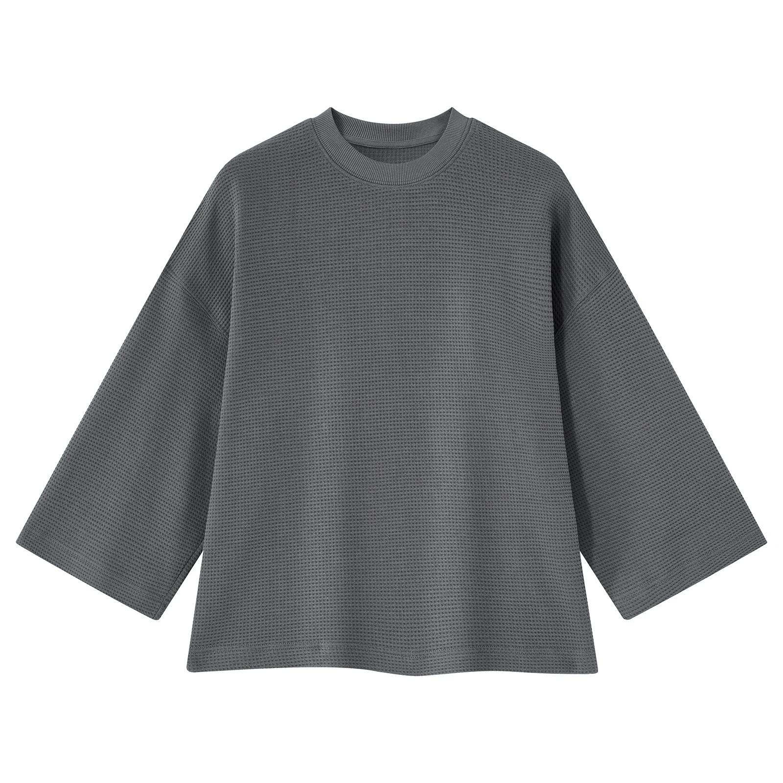 Men's Waffle Knit 3/4 Sleeve T Shirt Classic Crew Neck Shirt Oversized Casual Cotton Lounge Tops Women Spring and Autumn Tee