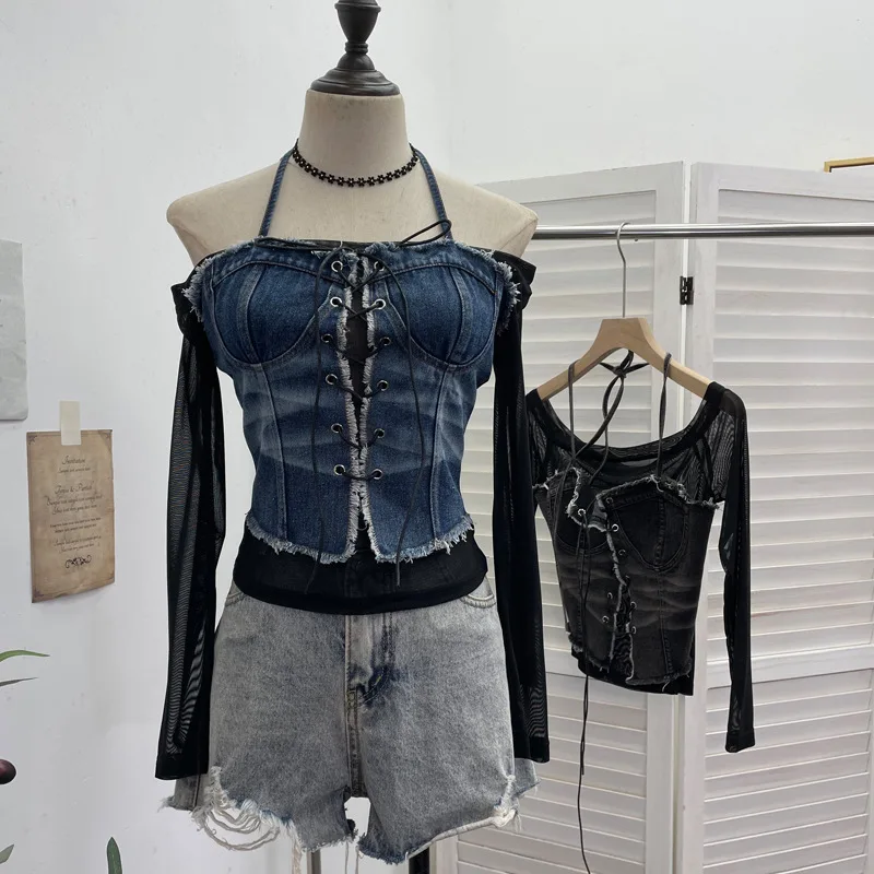 

Y2k Spice Girl Fake Two Pieces Denim Neck Splicing Mesh Strap Top T-shirt Women