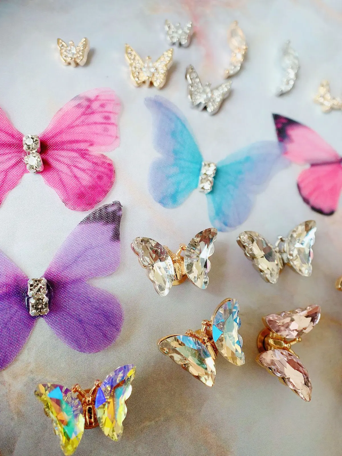 10 stks/partij Zomer Stof Draaibare Vlinder Nail Art Onderdelen Zirkoon Kristal Manicure Nagels Accesorios Levert Decoraties Charms