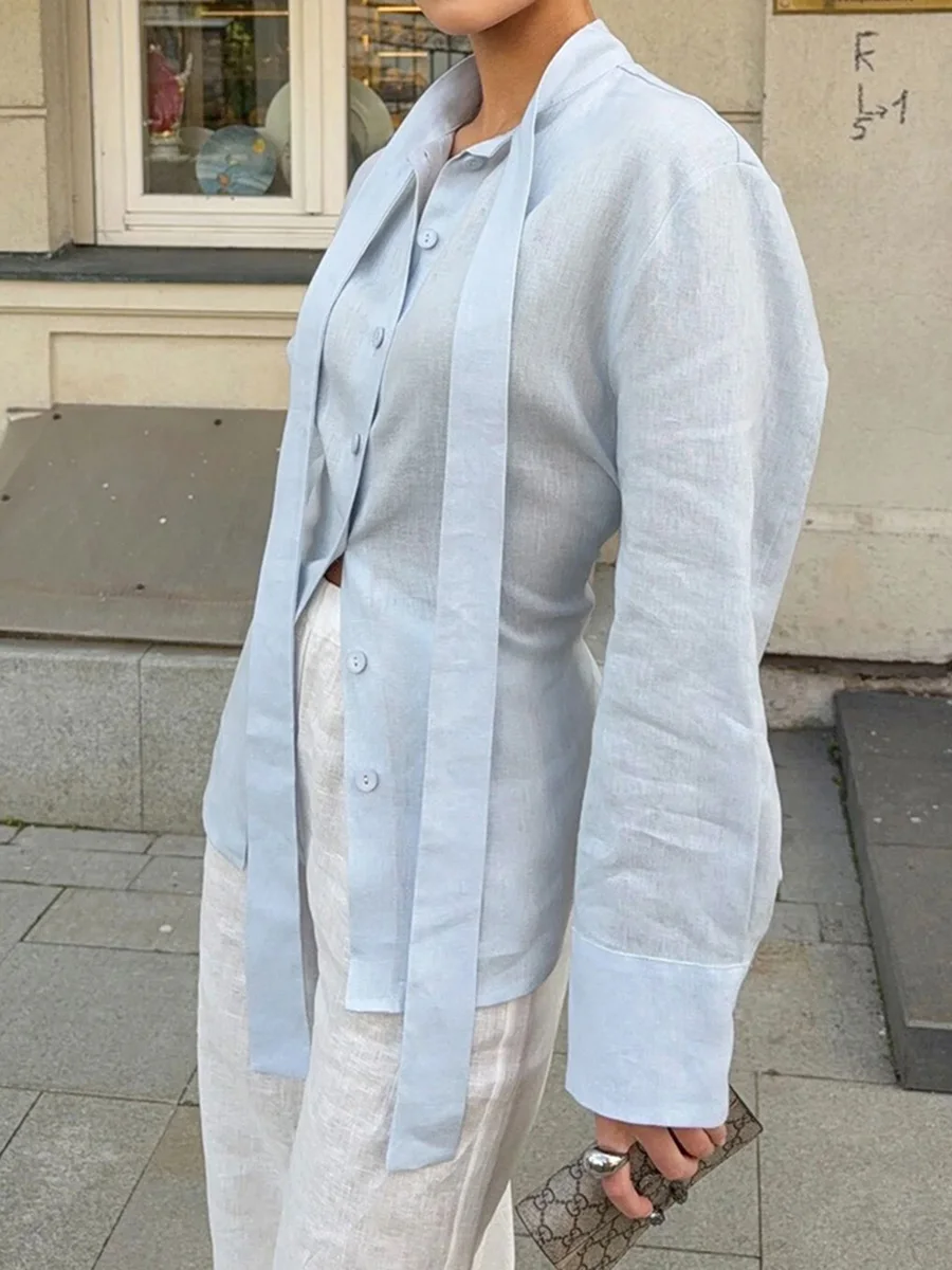 Camicetta con fasciatura posteriore solida e sottile Camicie da donna monopetto con colletto couverture Camicie semplici a maniche lunghe moda casual Top Femme