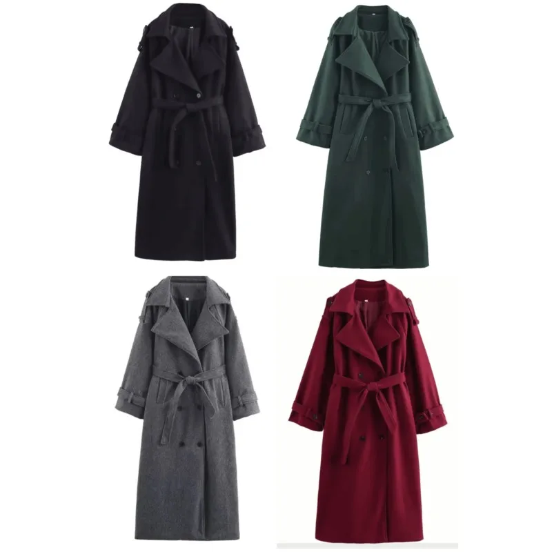 

Fashionable Long Coats with Waist Belt And Double Row Buttons Autumn Elegant Women's Woolen Overcoat Loose Casual Outerwear ﻿