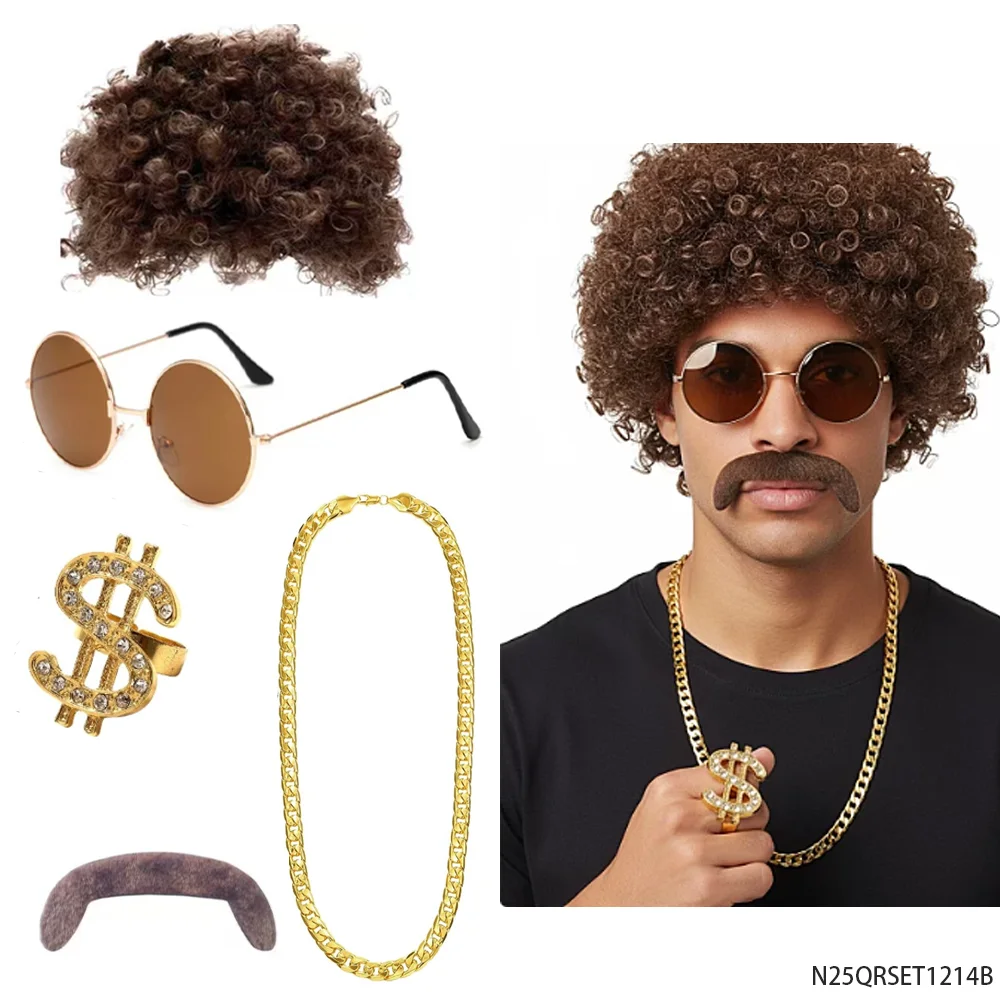Zestaw kostiumowy w stylu retro hip hop z lat 90. - kręcona peruka, okulary przeciwsłoneczne, złoty łańcuszek, spinki do mankietów w kształcie dolarów, akcesoria imprezowe