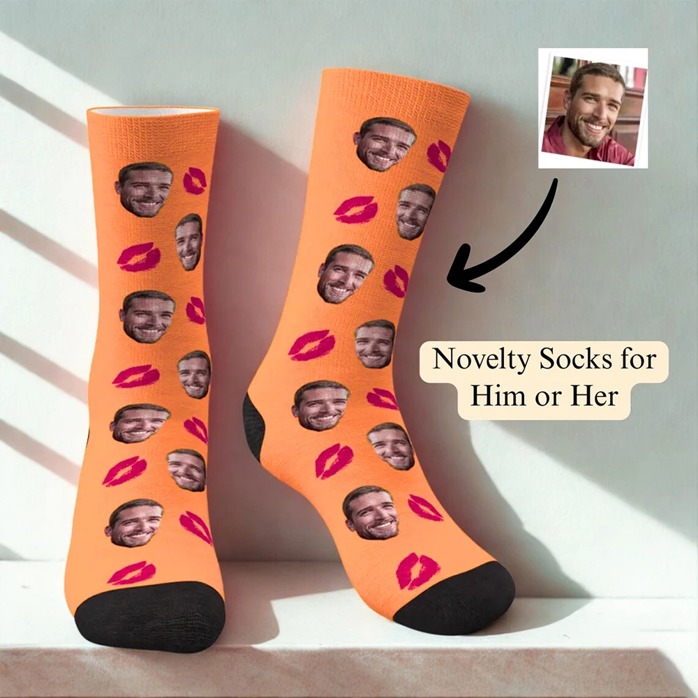 

Interesting custom face socks with red lip pattern, casual novelty neutral socks, personalized photos, gift socks for him/her