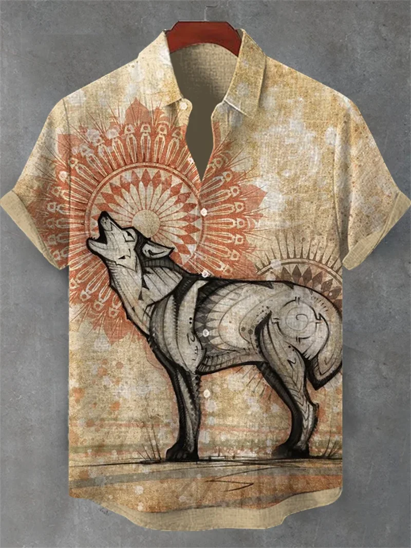 新しいメンズリネンヘン3D桜アニマルプリントシャツ半袖シャツハワイアンメンズファッショナブルカジュアルトップ