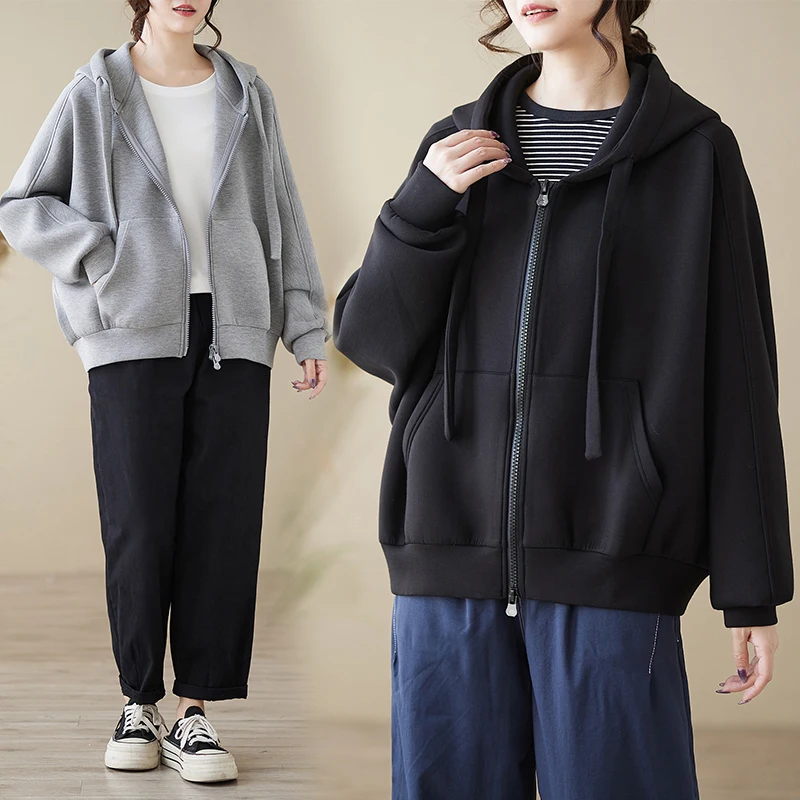 سويت شيرت نسائي بقلنسوة بتصميم خصر نحيف وسحاب أمامي وسترة خارجية متعددة الاستخدامات وبسيطة #2