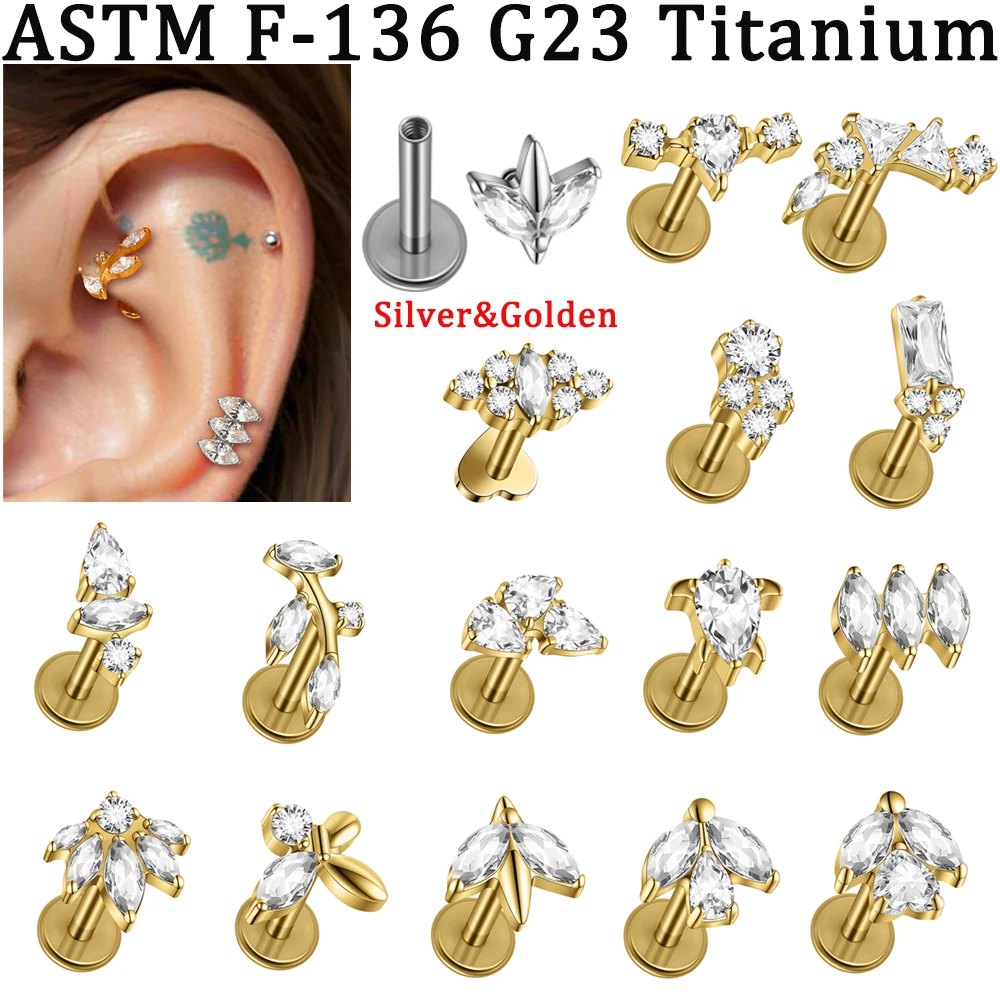 2/1PCs CZ Marquise Paved Lip Labret G23 Implant Titanium Inlaid Cubic Zironia Cluster Nose Ear Helix Daith Conch Lobe Earring
