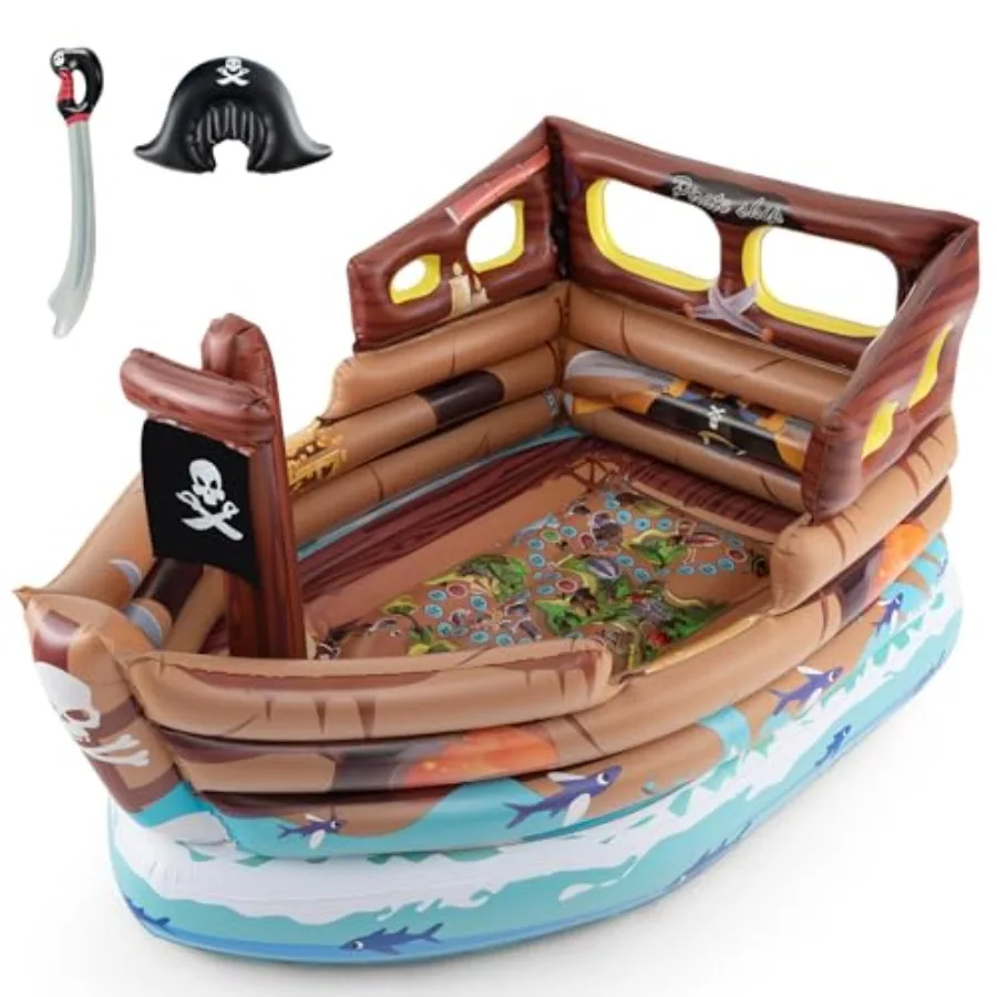 

Inflatable Pirate Ship Blow up Playscape with Built in Motor Inflatable Toy Sword Pirate Hat Toddlers Playhouse for Indoor Outd