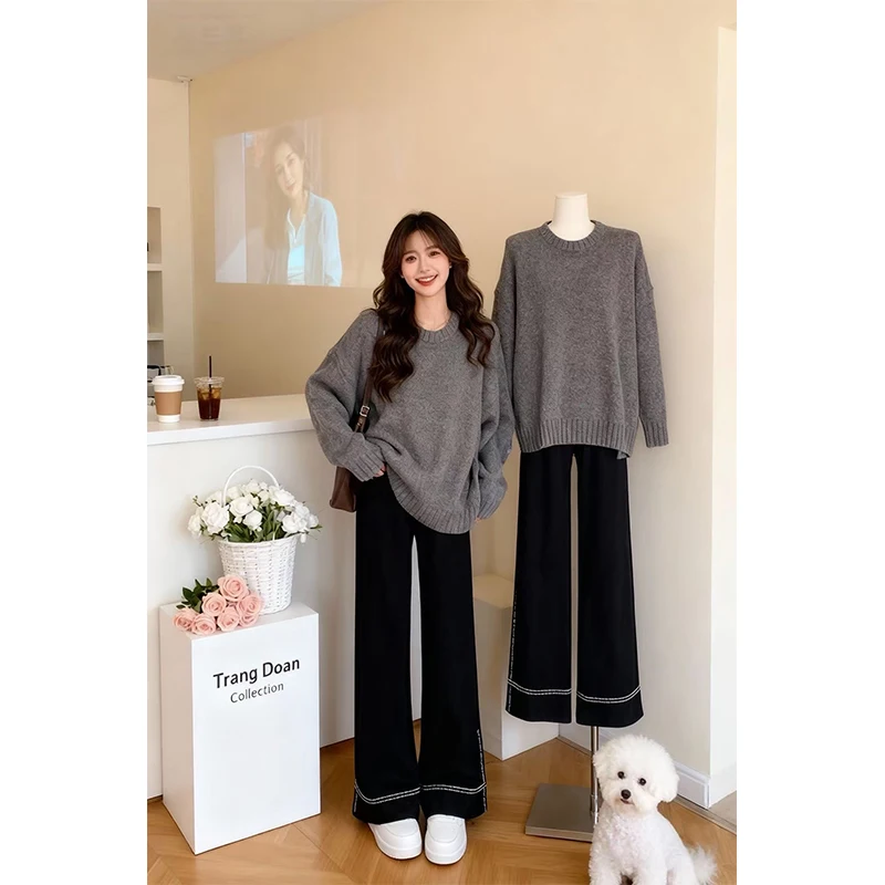 

Retro ey Knitwear Women's Loose round Ne Sweater Autumn Winter Denim Two-Piece Set High Waist Long Pants Pure Color