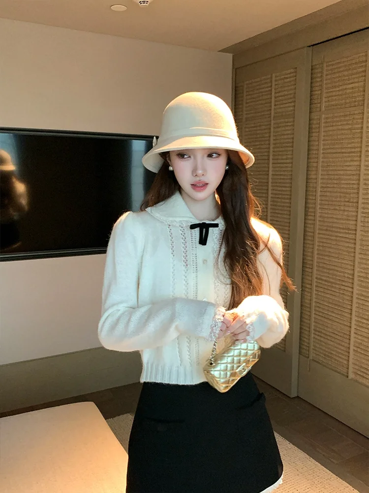 

Acaine Pure Color Doll Collar Lace Trim Long Sve ort Knitted Sweater Coat Women Autumn Top Breathable Skin-friendly Poly...