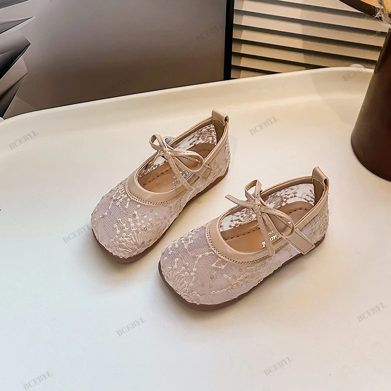 Hot Sale Princess Summer Fashion Bow Embroidery Cute Breathable Baby Girls Lightweight Ballet Flats School Kids Walking Shoes