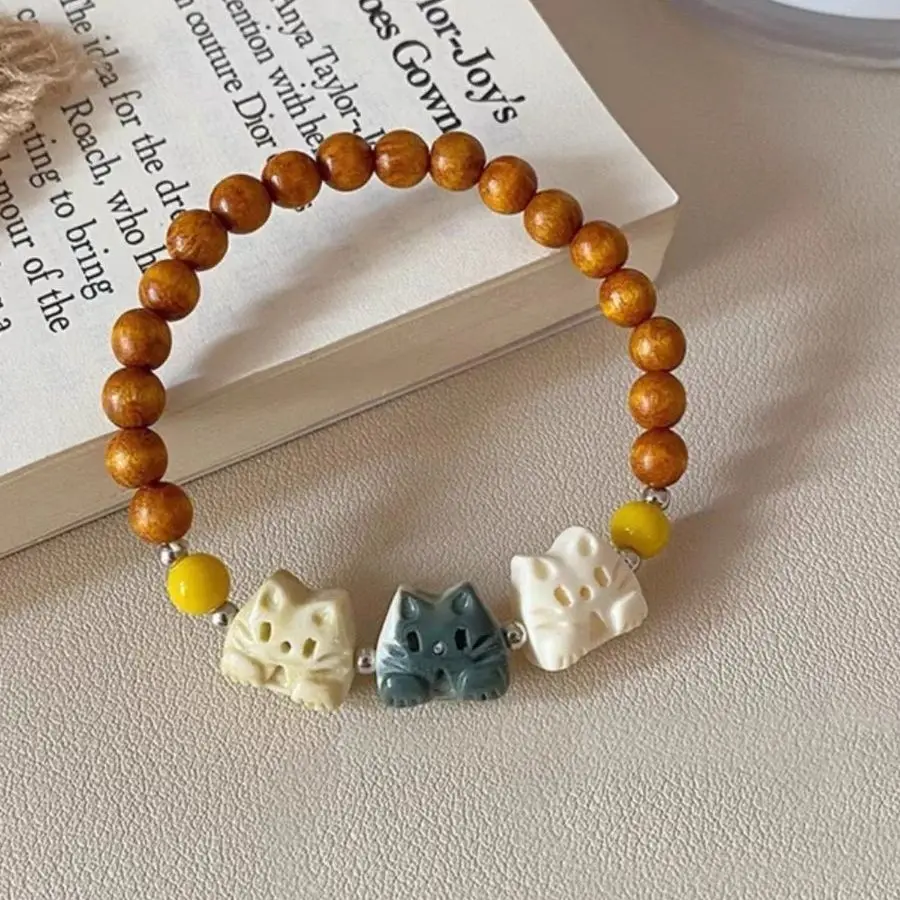 Cute Tricolor Cat Bead Bracelet Natural Elastic Simple Girlfriend Couple Gift Handicrafts Individuality Health Healing Bracelet