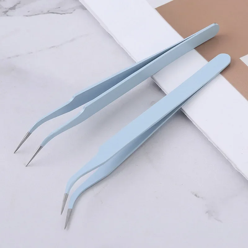 Roestvrijstalen Gekleurde Rechte + Gebogen Pincet Voor Nail Art Sticker Steentjes Picking Tool Wimper Make-Up Diy Pincet Tool