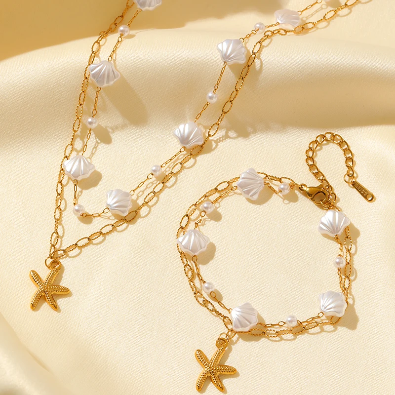 EILIECK 316L Edelstahl Seestern Muschel Perlen Halskette Armband Ohrringe Set für Damen Mode Wasserdichter Strand Schmuck Geschenk – Detail 15