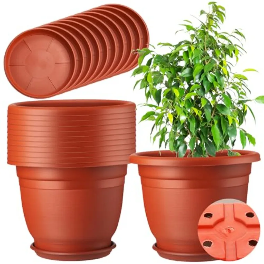 

12 Pack Plastic Plant Pots for Garden Outdoor Indoor Use, Brown Resin Round Planter with Saucer Tray, Drainage Holes, Seedling