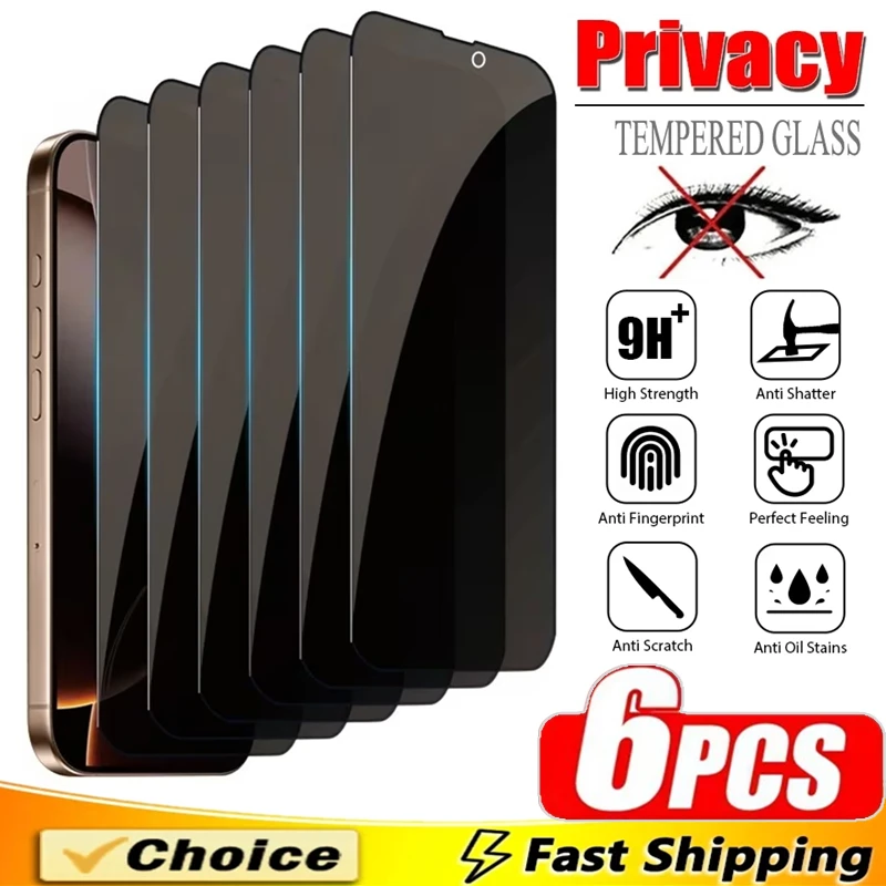 

6Pcs Full Cover Privacy Screen Protector For iPhone 17 13 12 11 14 15 16 Pro Max Anti-spy Glass For iPhone 16 14 15 Plus XR X XS