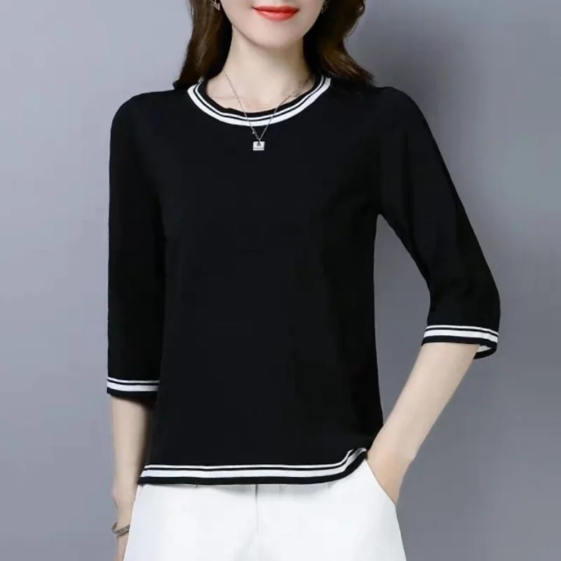 2023 Summer Fashionable Temperament Commuting Simple Round Neck Hollowed Out Three Quarter Versatile Casual Solid Color T-shirt