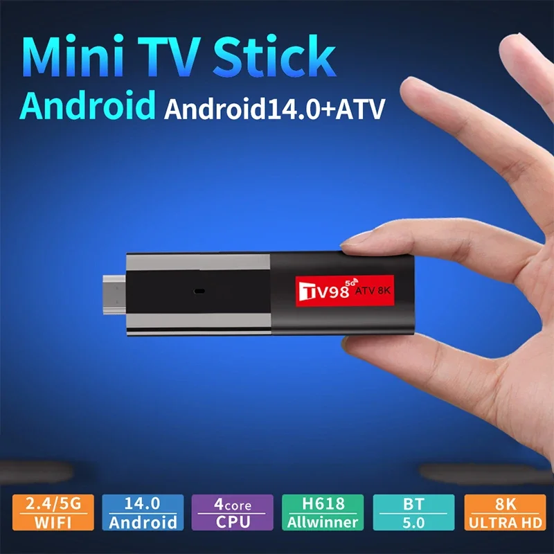 TV Stick Android 14 Smart TV98 ATV Поддержка 8K Видео 4K BT5.0 WiFi6 Allwinner H618 Четырехъядерный процессор Cortex A53 Голосовой пульт Smart TV Box