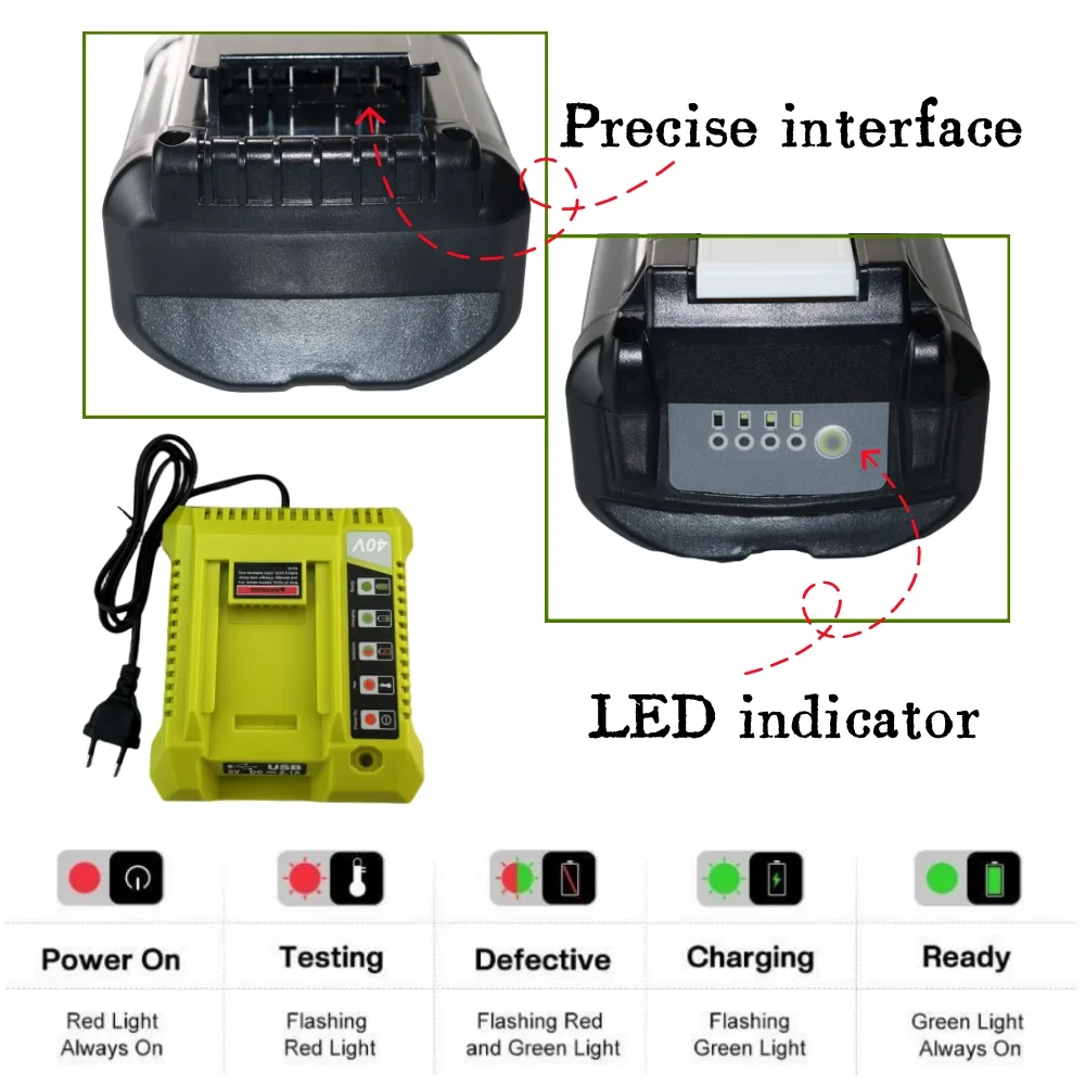 40V 6.0Ah /8.0Ah/10.0Ah Rechargeable Li-Ion Battery For Ryobi OP4030 OP4050 RY40502 RY40200 Cordless Power Tools，With Charger