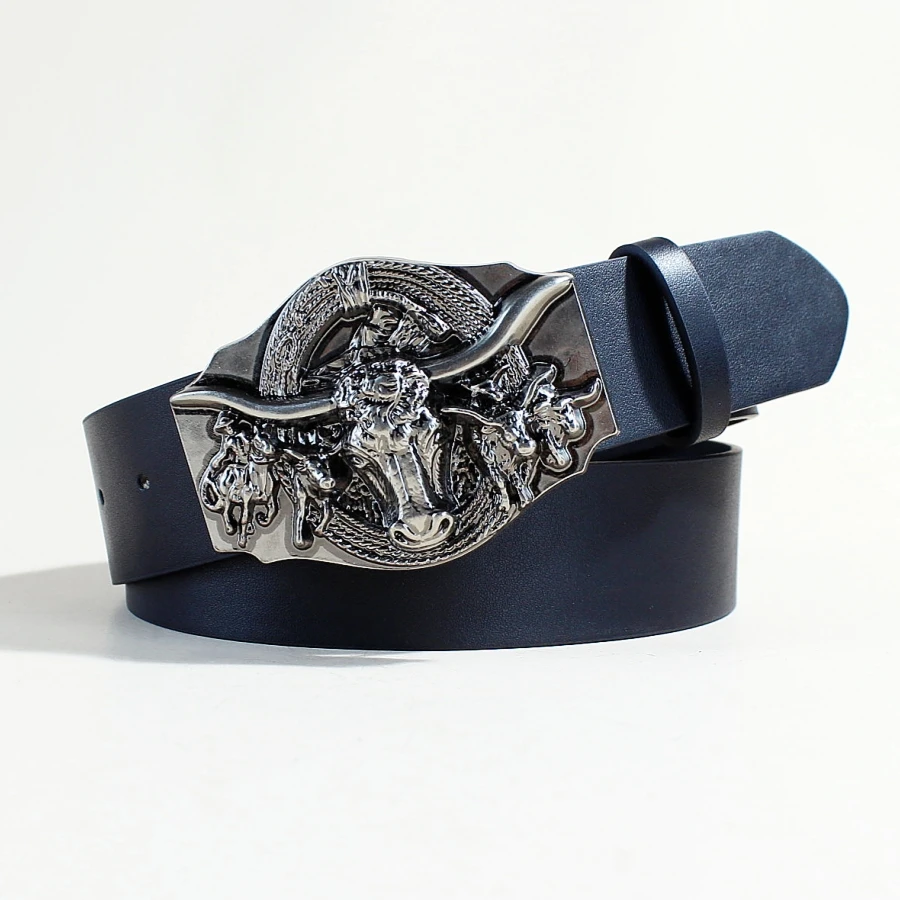 Western cowboy 3.8cm wide belt carved cow head big plate buckle trend retro men and women niche punk leather belt women