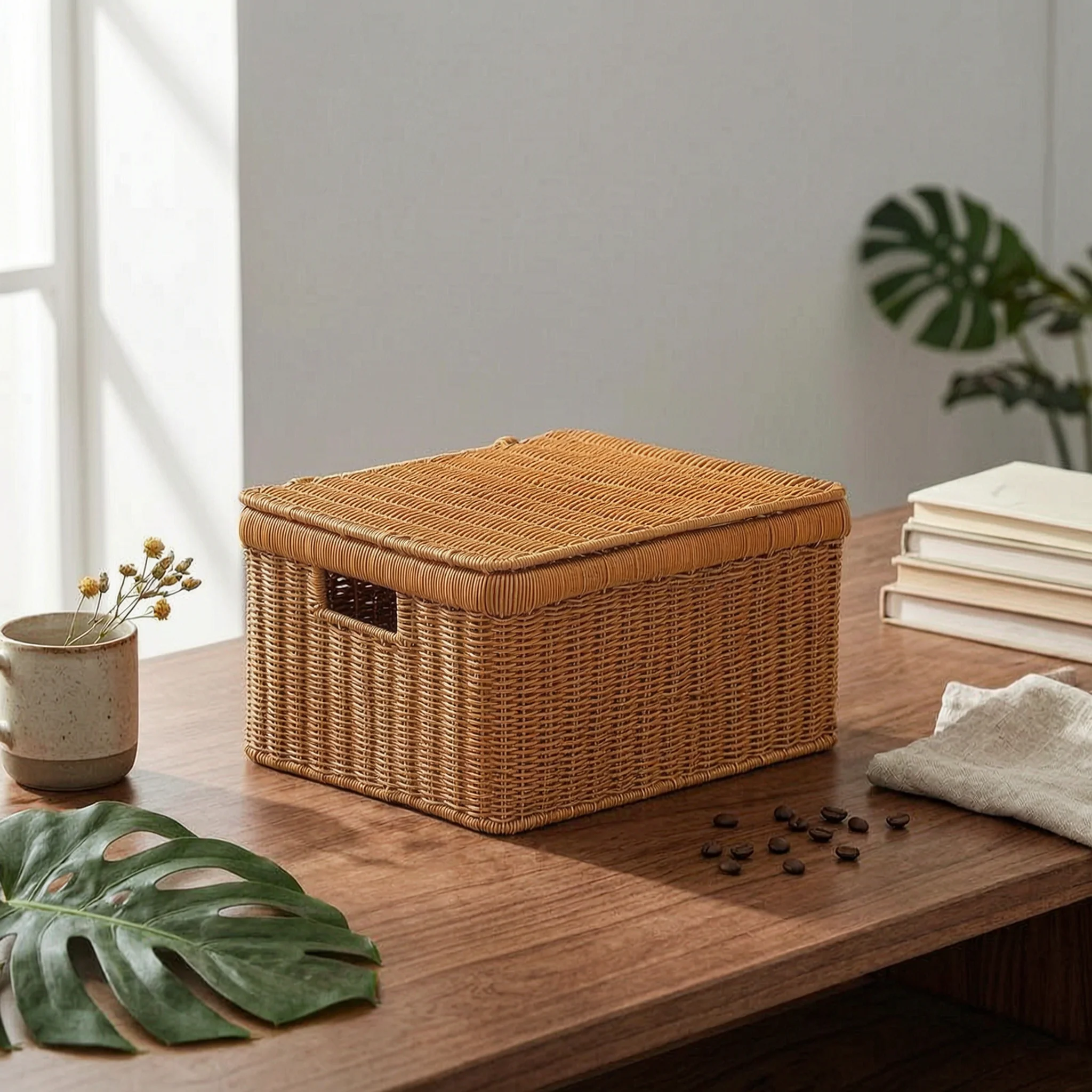 Storage Basket with Lid Rattan-Style Storage Box with Lid Woven Box Rustic Sturdy for Closet, Bedroom