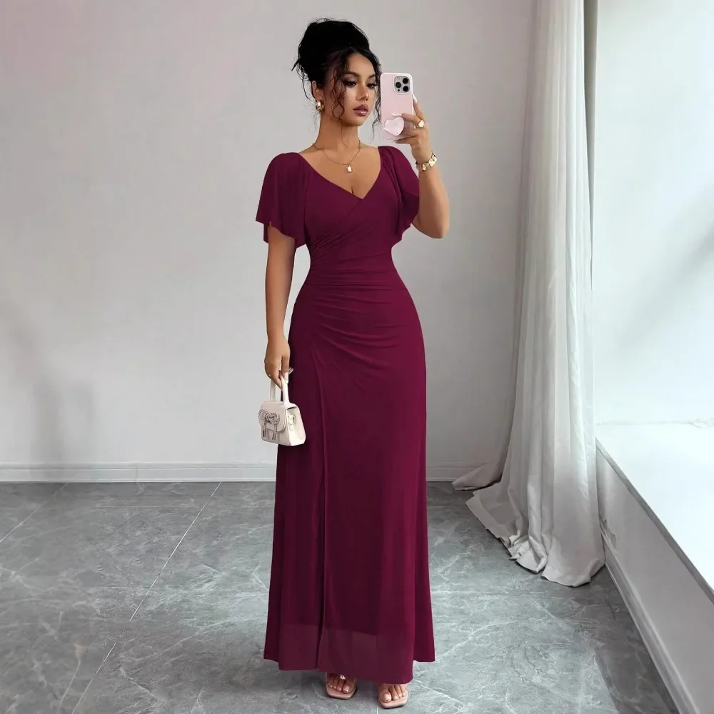 Women Elegant Evening Party Maxi Dress, V Neck Flutter Sleeve Stretch Mesh Splicing Side Slit Gown, European Style Early