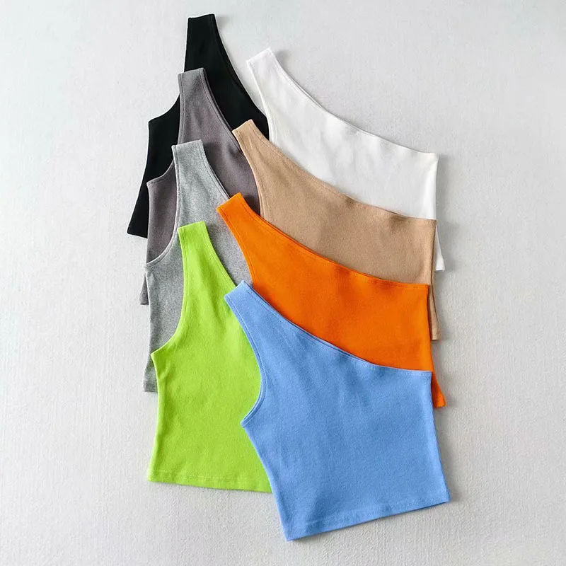 One Shoulder Cropped Tanks Top Women Summer Sleeveless Tanks Camis Sexy Oblique Collar Elastic Corset Slim Crop Tops Tube Lady