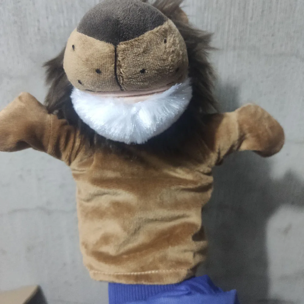 Juguete de peluche infantil con marioneta de mano de león y barba blanca de boca abierta