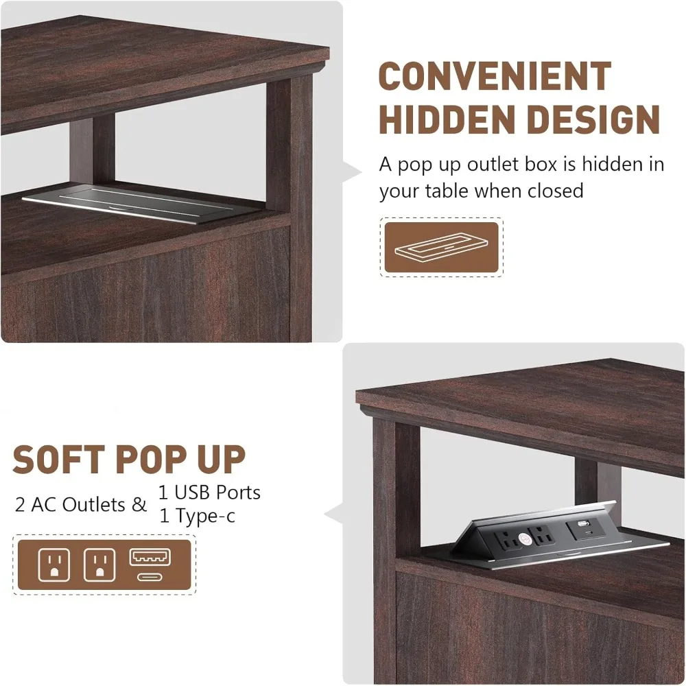 HIFYOBRO Narrow End Table with Flip Top Charging Station, Storage Side Table, Adjustable Shelf,Type-C & USB Port & Power outlets