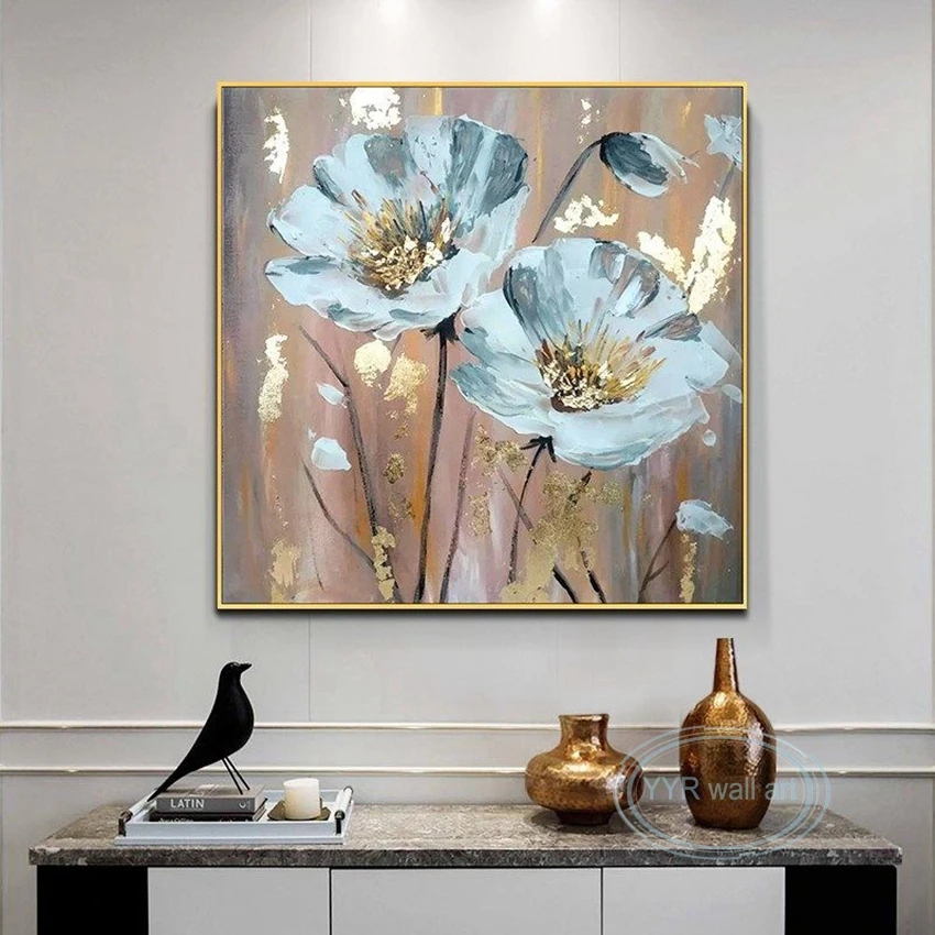 

Luxury Home Decor Murals Abstract Gold Foil Oil Painting Handmade Canvas Wall Art Floral Poster Living Room Bedroom Restaurant