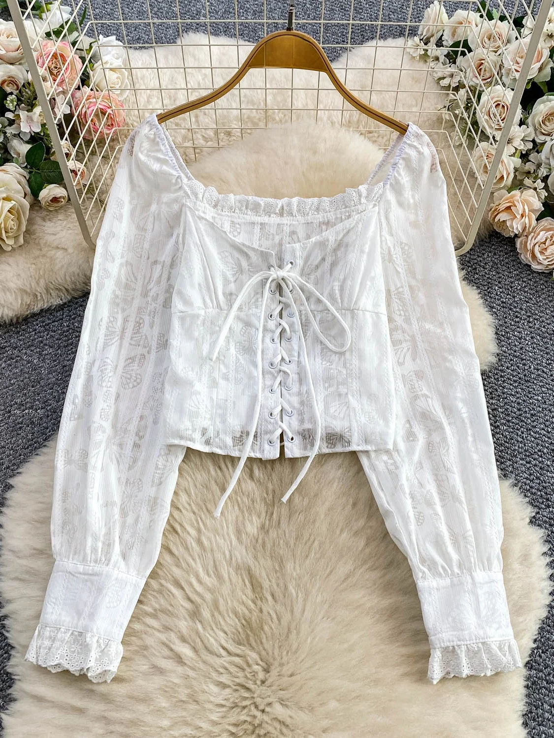 

Sexy White Long Sve Lace Embroidery Slim Fit Square Collar irt Women's Trendy ort Top Breathable Comfortable Skin-Frie...